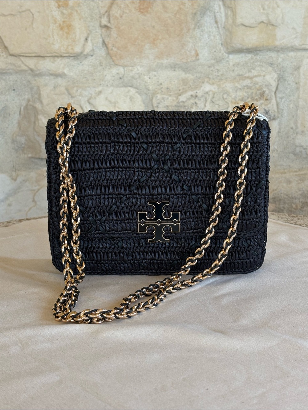 Tory Burch Britten small Black Woven Raffia Crossbody with Gold Chain